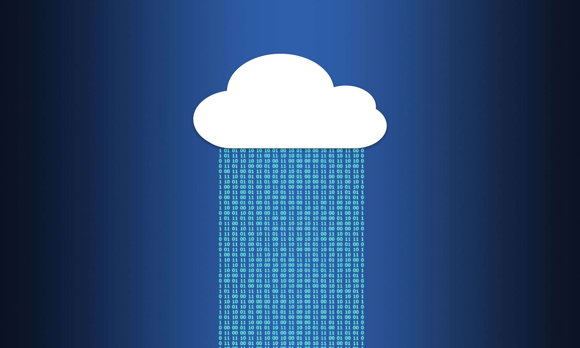 White cloud with 0s and 1s falling from it, Matrix style, to illustrate back-up and cloud computing